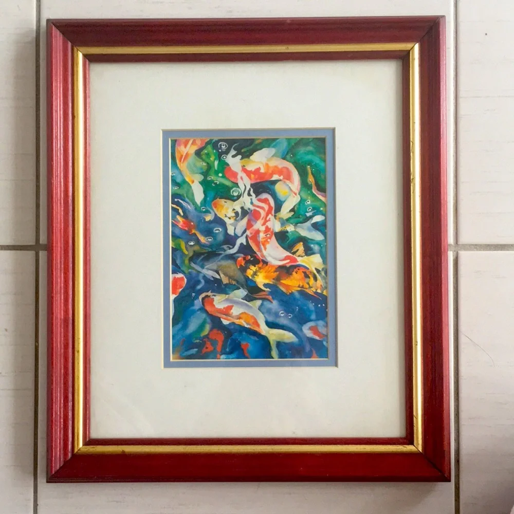 Framed Koi Fish Colourful Water Painting Print by Tracy Reid 1991 - Oak Frame - Picture 11 of 14